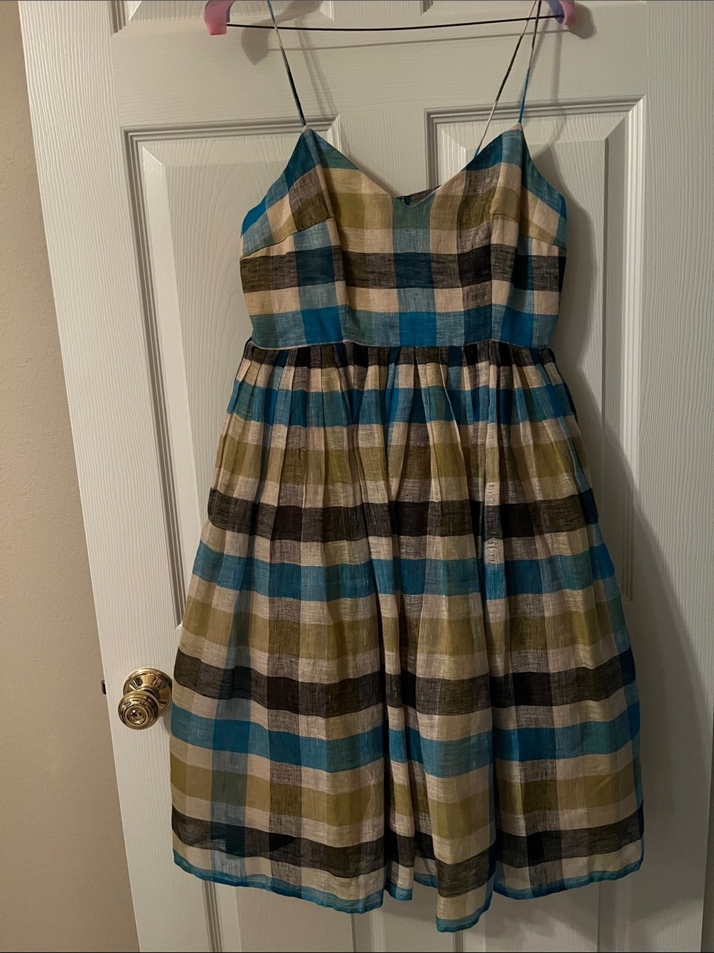 Tracy Reese Plaid Spaghetti-Strap 100% linen dress